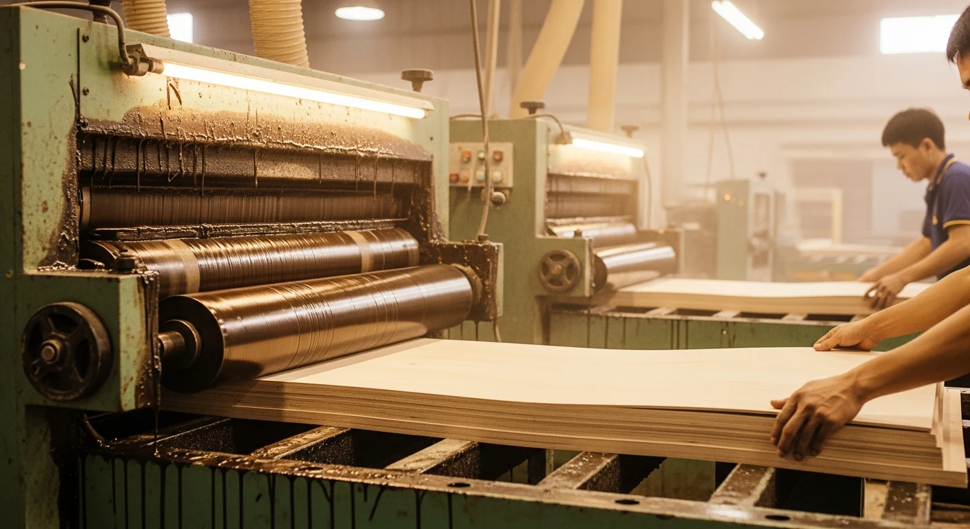 Plywood hot press production at Mika Plywood factory — glue type determines both cost and water resistance performance