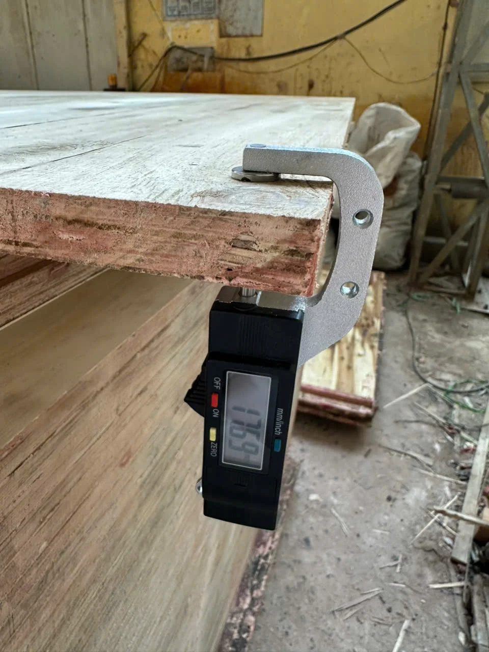 Formwork plywood thickness measurement — Vietnam factory quality control Mika Plywood