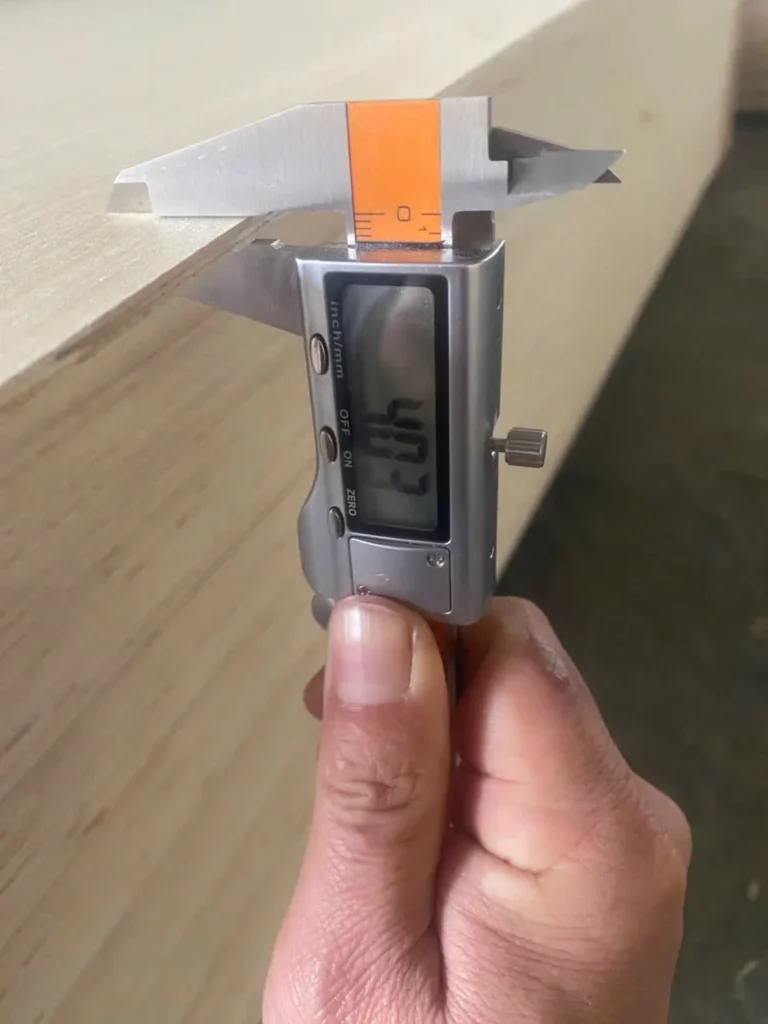Mika Plywood quality control inspection — thickness measurement calibration furniture plywood CARB P2