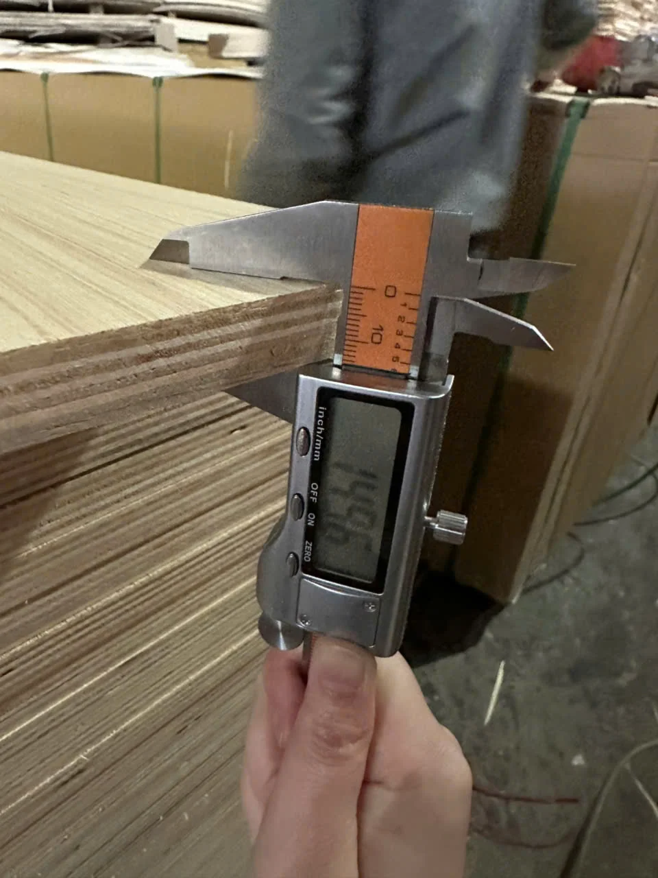 Plywood thickness tolerance measurement caliper QC inspection Vietnam Mika Plywood factory